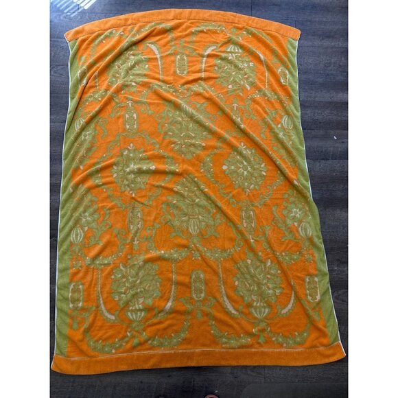 Vtg 70s Mitsukoshi Neon Orange Green Damask Terrycloth Beach Towel Blanket 52x66 - Picture 1 of 8